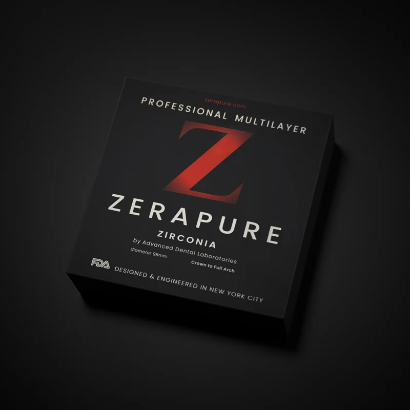 Black Zerapure box with glowing red Z: Professional Multilayer Zirconia, Crown to Full Arch, Diameter 98mm